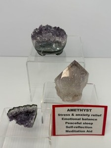 lot 152 image: Amethyst Misc Lot of 3 light point with rainbows & inclusion from Madagascar 202 gm.7 oz., one eyed geode hedgehog 250 gm.9 oz., small standing geode piece 29 gm.1 oz.