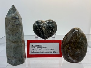 lot 220 image: Ocean Jasper Misc. Lot of 3 Generatortower 369 gm.13 oz., heart 220 gm.7.8 oz., Freeform 289 gm.10.2 oz.