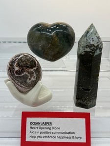lot 250 image: Ocean Jasper Polished Misc. Lot of 3 Heart 466gm1 lb., Generatortower 259gm9.1oz., Palmstone with pink 153gm5.4oz.