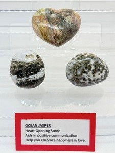 lot 203 image: Ocean Jasper Polished Misc Lot of 3 Heart 195 gm.7 oz., Gallet 136 gm.4 oz., gallet 115 gm4 oz.
