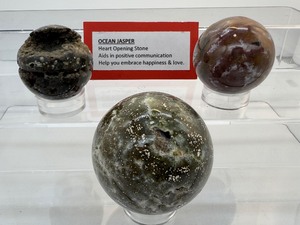 lot 242 image: Ocean Jasper Spheres Lot of 3 68mm 419gm.14.8oz.,53mm 210gm.7.4oz., 50mm 129gm.4.6oz.