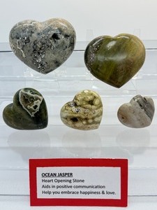 lot 177 image: Ocean Jasper Polished Hearts Lot of 5 287 gm.10 oz., 240 gm.8.5 oz., 107 gm.3.8 oz., 89 gm.3.1 oz., 39 gm.1.4 oz. Total Lot Weight 34 kilo1.7 lb.
