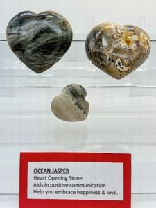 lot 264 image: Ocean Jasper Polished Heart Lot of 3 heart 227gm8oz., heart 169gm6oz., heart 40gm1.4oz.