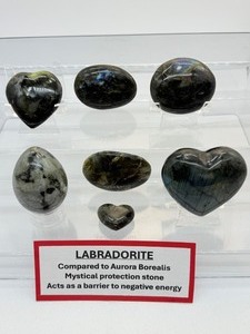 lot 129 image: Labradorite Polished Misc. Lot of 7 3 hearts, 3 gallets & 1 egg    Total Lot Weight 731 gm.1 lb. 10 oz.