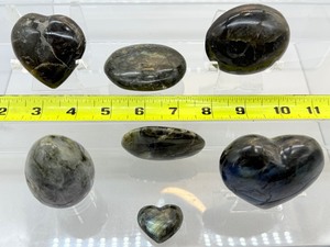 lot 129 image: Labradorite Polished Misc. Lot of 7 3 hearts, 3 gallets & 1 egg    Total Lot Weight 731 gm.1 lb. 10 oz.