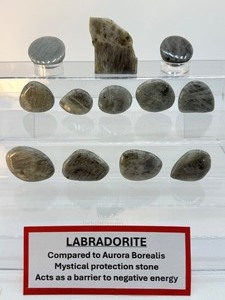 lot 214 image: Labradorite Polished Misc. Lot of 13 10 palmstones, 1 12 slab, 2 half polished rounds 509 gm.1 lb. 2 oz.