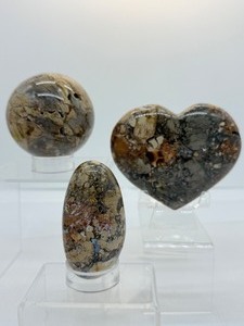 lot 35 image: Ibis Jasper Polished Lot of 3 sphere 70mm 442 gm1 lb. heart 394 gm.14 oz., large palmstone 152 gm.5.4 oz.