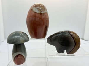 lot 55 image: Polychrome Jasper Polished Lot of 3 Zuni Bear 181 gm.6.4 oz, Freeform 486 gm.1 lb.and Mushroom 157 gm.5.5 oz.