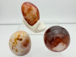 lot 179 image: Carnelian Polished Misc Lot of 3 Sphere 69mm 445 gm.1 lb., Freeform 276 gm. 9.7 oz., Gallet 194 gm.6.8 oz. Hand included