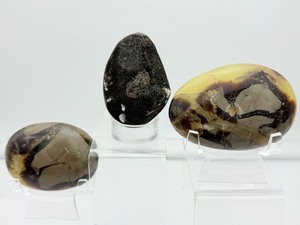 lot 180 image: Septarian Mics. Lot of 3 palmstone 135 gm.4.8 oz., palmstone 117 gm.4.2 oz., 1 half egg geode 148 gm. 5.2 oz. Total Lot Weight 401 gm.14.1 oz.