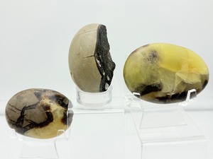 lot 180 image: Septarian Mics. Lot of 3 palmstone 135 gm.4.8 oz., palmstone 117 gm.4.2 oz., 1 half egg geode 148 gm. 5.2 oz. Total Lot Weight 401 gm.14.1 oz.