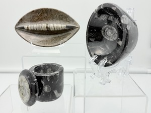 lot 63 image: Orthocerus Fossil Polished Lot of 3 Bowl 332 gm.12 oz., Container with lid 247 gm.8.7 oz., brown oval tray 170 gms6 oz.
