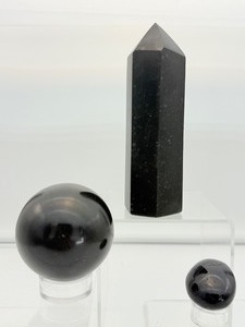 lot 126 image: Black Tourmaline Polished Lot of 3 Generator 547 gm.1 lb. 10 oz., palmstone 52 gm.1.9 oz., sphere 60mm 375 gm.13.2 oz.