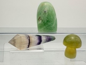 lot 245 image: Fluorite Polished Lot of 3 Green Freeform 190gm.6.7oz., yellow mushroom 67gm2.4oz., rainbow wand 53gm1.9oz.