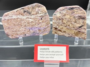 lot 212 image: 2 Polished Charoite Slabs 117 gm.4.1 oz., 87 gm.3.1 oz.