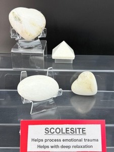 lot 149 image: Scolesite 4-piece polished lot 2 hearts, palmstone and pyramid Total Lot Weight 216 gm7.6 oz.