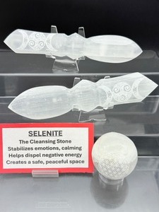 lot 51 image: Selenite Lot of 3 Two healing daggers 373 gm.13.2 oz. and sphere 183 gm.6.4 oz. Total lot weight 560 gm.1 lb. 4 oz.