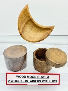 lot 169 image: Wood moon bowl and two wood containers with lids