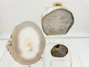 lot 43 image: Agate lot of 3 large one side polished geode diffuser with Doterra peppermint and lavender samples 1.7 kilo3 lb. 1 oz., Agate slice 165 gm3.1 oz., small agate geode 90 gm3.2 oz.