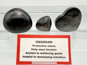 lot 174 image: Silver Sheen Obsidian Polished Lot of 3  two hearts, one gallet 236 gm.8.4 oz.