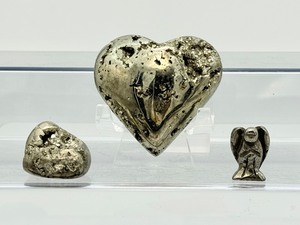 lot 218 image: Pyrite Lot of 3 heart, tumble and small angel Total Lot Weight 240 gm.8.5 oz.