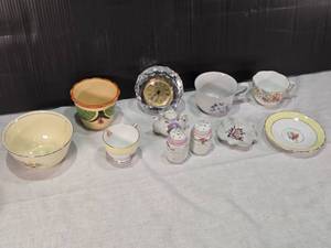 lot 21 image: Assorted Vintage and Decorative Ceramics and Clock, Madame Alexander Peter Pan, Covington Stonewear, Rosina bone china cup and saucer made in England, a Taylor & Kent cup, and a Maruhon ware pot from Japan