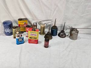lot 36 image: Vintage Oil Cans and Lubricators Collection including brands like Johnsons, Marbo, and Texaco