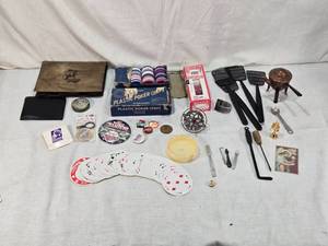 lot 38 image: Assorted Vintage and Collectible Items including Poker Chips, Playing Cards, Gold Locket, Pins, Round Playing Cards and More