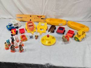 lot 42 image: Hasbro Toy Vehicles and Figures Lot including Oscars Trash Co. Truck, Boats, Cars, and Farm Animal Shape Sorters