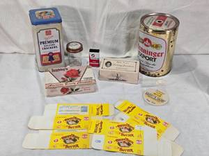 lot 51 image: Vintage Household and Food Packaging Collection including Henninger Export Beer Barrel, Nabisco Cracker Tin, Recipe Book Butter, Nabisco Saltine Crackers Tin and Other Packaging Items