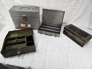 lot 57 image: Lot of Vintage Metal Storage Boxes including a Cash Box, Slide Box