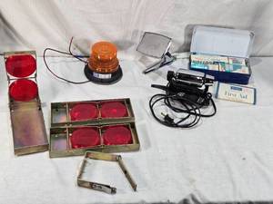 lot 59 image: Vintage Automotive Safety and First Aid Lot including Sears Massager, Do-Ray Flip Up Flare, and 1960s Sentinel First Aid Kit