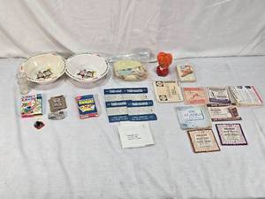lot 68 image: Assorted Vintage Collectibles including Kelloggs Bowls, View-Master Reels, Empty Viewmaster Packets, Public Enemy Pin and Games