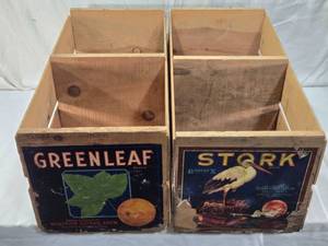 lot 76 image: Vintage Greenleaf and Stork Brand Wooden Crates