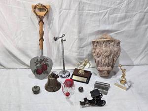 lot 80 image: Vintage cast iron Amish-style buggy, Science Beaker Stand, Trophies