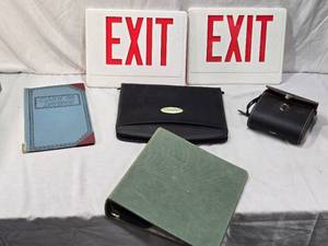 lot 81 image: Lot of Office and Signage Items including Exit Signs, Cash Book, Binoculars Case and Portfolio