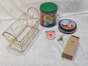 lot 90 image: Willow Tree Figurine, Wire Basket, and Decorative Tins