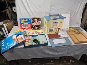 lot 98 image: Vintage Board Games and Toys Collection including Porter Microcraft Microscope, Put and Take Game, Dollhouse, and Accessories