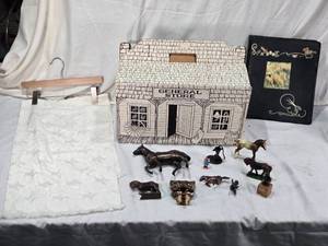 lot 107 image: Vintage Cardboard General Store Box with Horse Figurines, Old Horse Scrapbook, and Table Runner