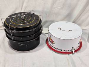 lot 108 image: Pie SaverCarrier and Cake Carrier Set including Metal Stand and Lid, and Fruit Decorated Carrier with Base