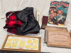 lot 109 image: Red Cross Emergency Blanket, Ve-Po-Ad Adding Machine, Main Street Electric Thermometer, and more