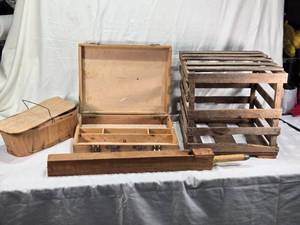 lot 110 image: Vintage Wooden Crate, Wooden Box with Compartments, Wooden Basket, and Wooden Mallet