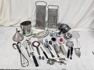 lot 112 image: Mixed Vintage Kitchen Tools including Bromwells Flour Sifter, Dazey Juicer, Wood Handle Leather Work Tool and Various Utensils