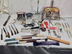 lot 119 image: Assorted kitchen utensils and vintage tools including Town & Country cutlery and White Decorative Zigzagger, Acme Nut Chopper, and other items.