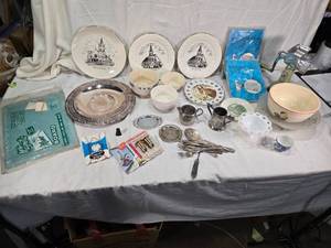 lot 134 image: Vintage Kitchen and Dining including Rival Food Grinder, St. Johns and St. Mark Church Plates, and Various Bowls and Silverware