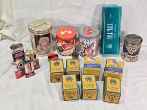 lot 135 image: Vintage Collectible Tins and Cans Lot including Gillette Safety Razor Tin, Planters Peanuts Tin, and Blue Bird Oil Stove Wick Boxes
