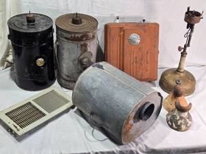 lot 137 image: 1930s Montgomery Ward Electric Fence Controller and Vintage Fuel Tanks and Akron Diamond Kerosene Lamp