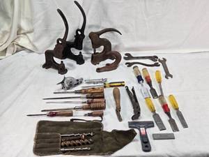 lot 140 image: Ridgely Trimmer, Rex Riveter, Assorted Screwdrivers, Firestone and Wrenches