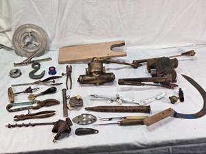 lot 141 image: Vintage Tools and Hardware Items including Yale Door Closer, Drill, Another Door Closer, Pruners, Pliers and More