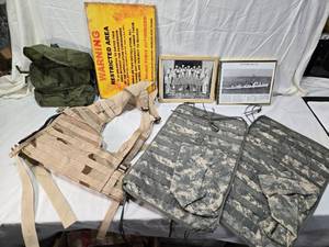 lot 147 image: Military Items Including Military Photos, Molle II Desert Vest, Auto Seat Back Pouches, Medical Case, and Sign